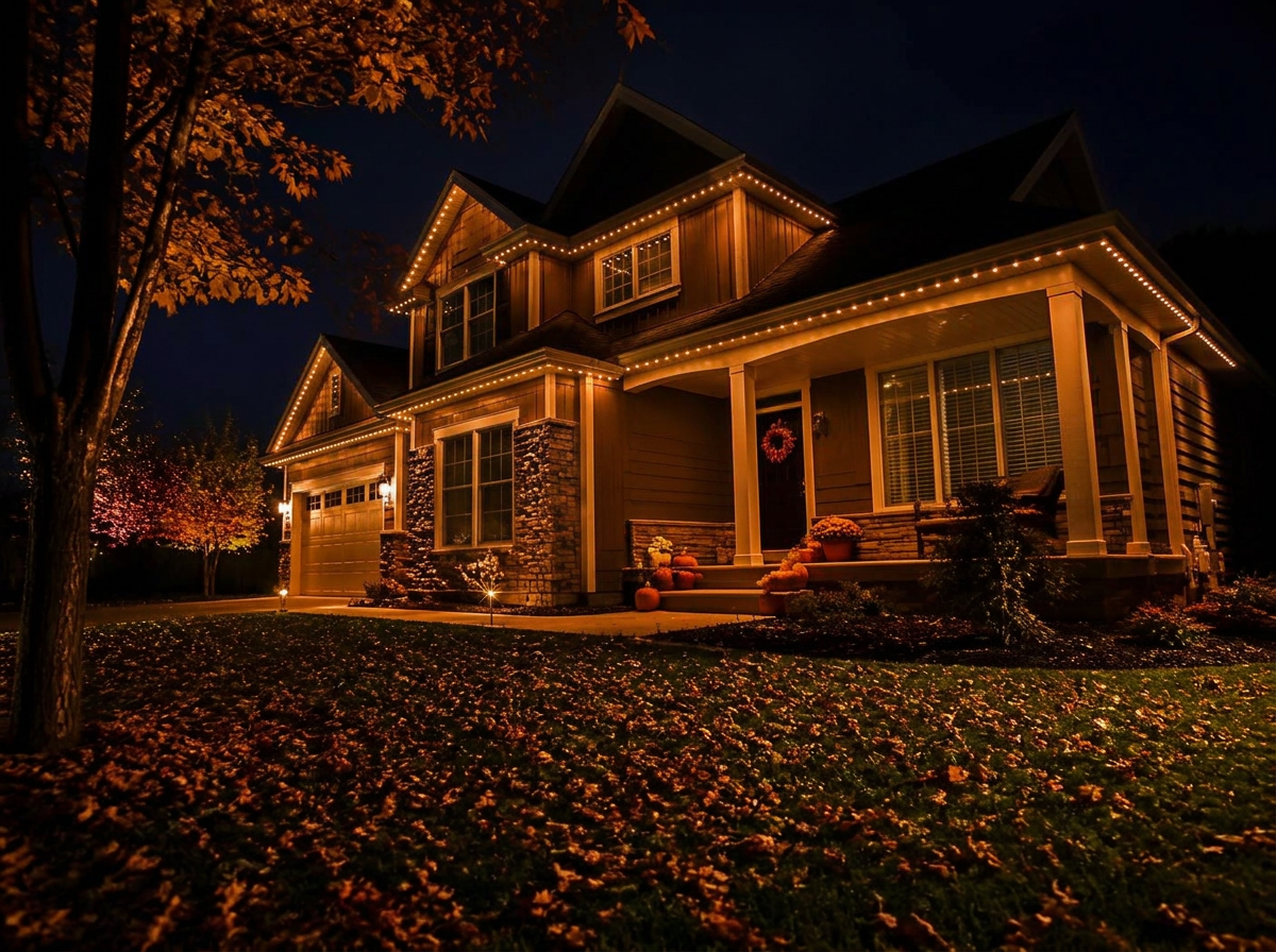 Home outlined in warm amber permanent LED lighting surrounded by autumn leaves