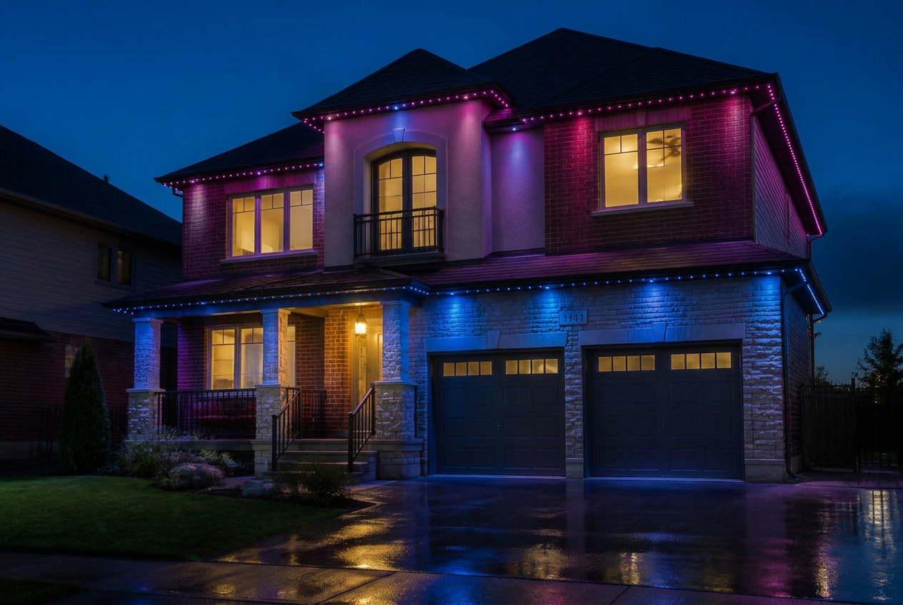 GTA home outlined with permanent app-controlled LED soffit lighting at night