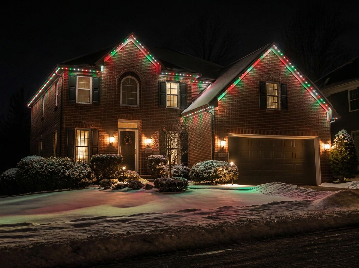 Brick home lit with red, green and white permanent LED holiday pattern in the snow