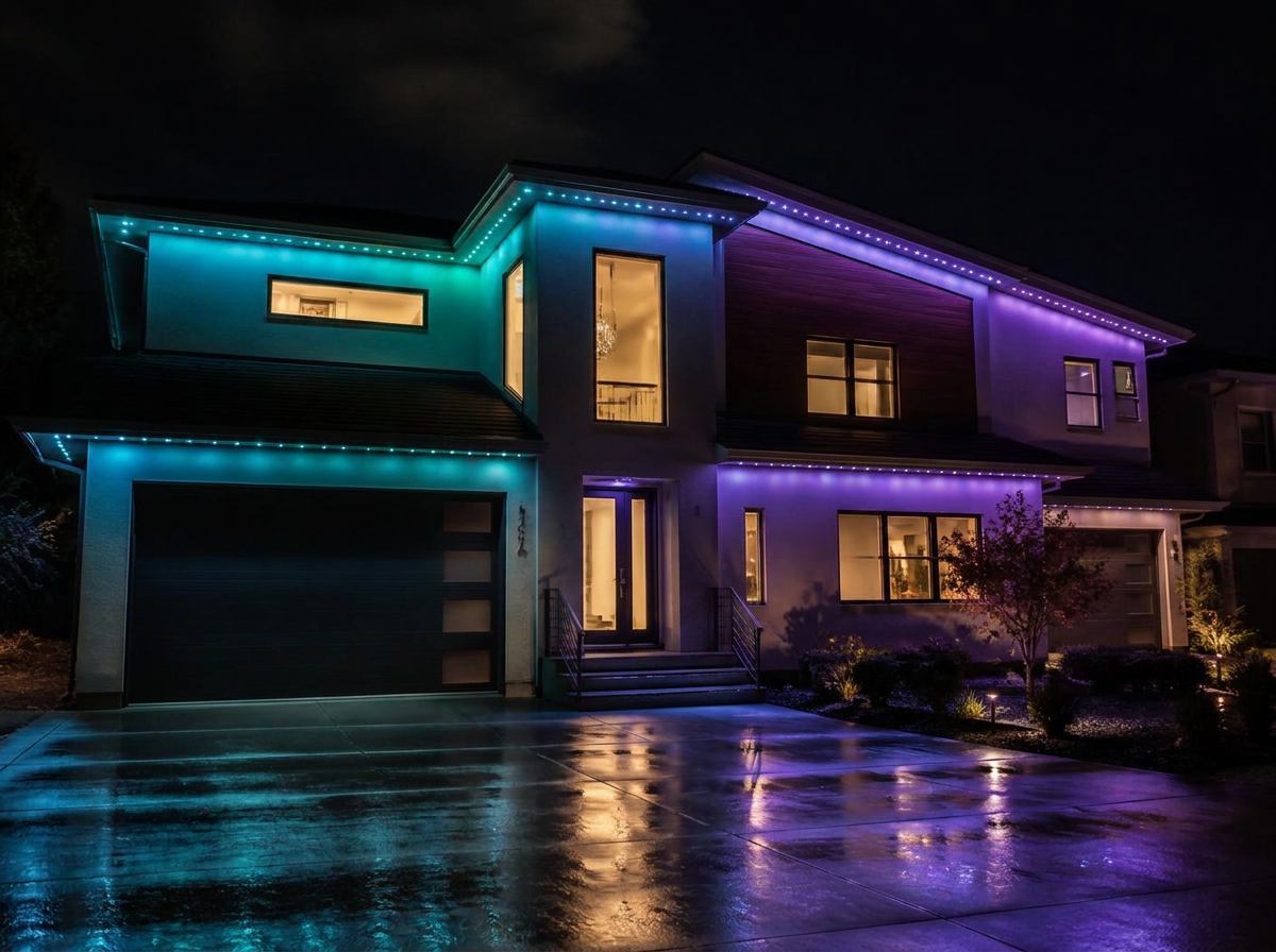 Modern home with a teal and purple permanent LED chase pattern reflecting on the driveway