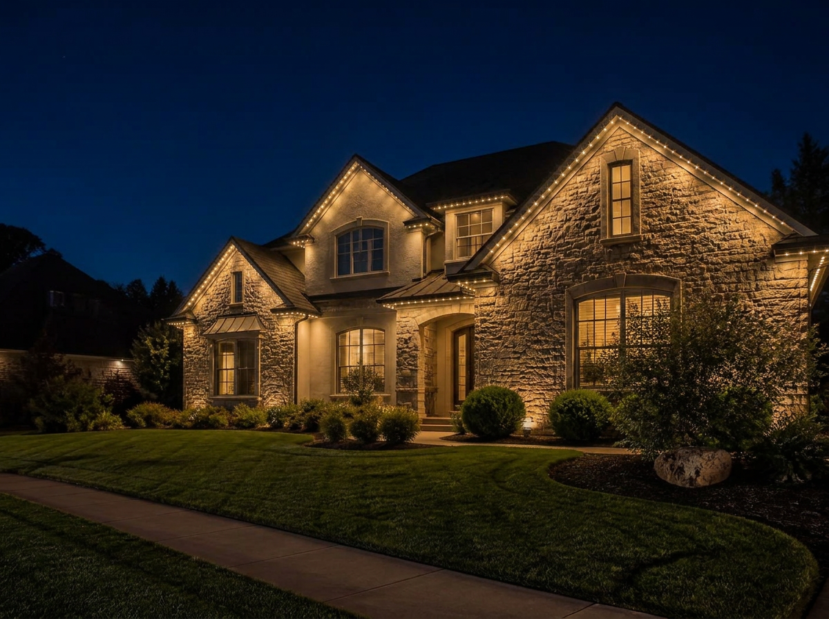 Stone home traced in dimmable warm white permanent LED soffit lighting